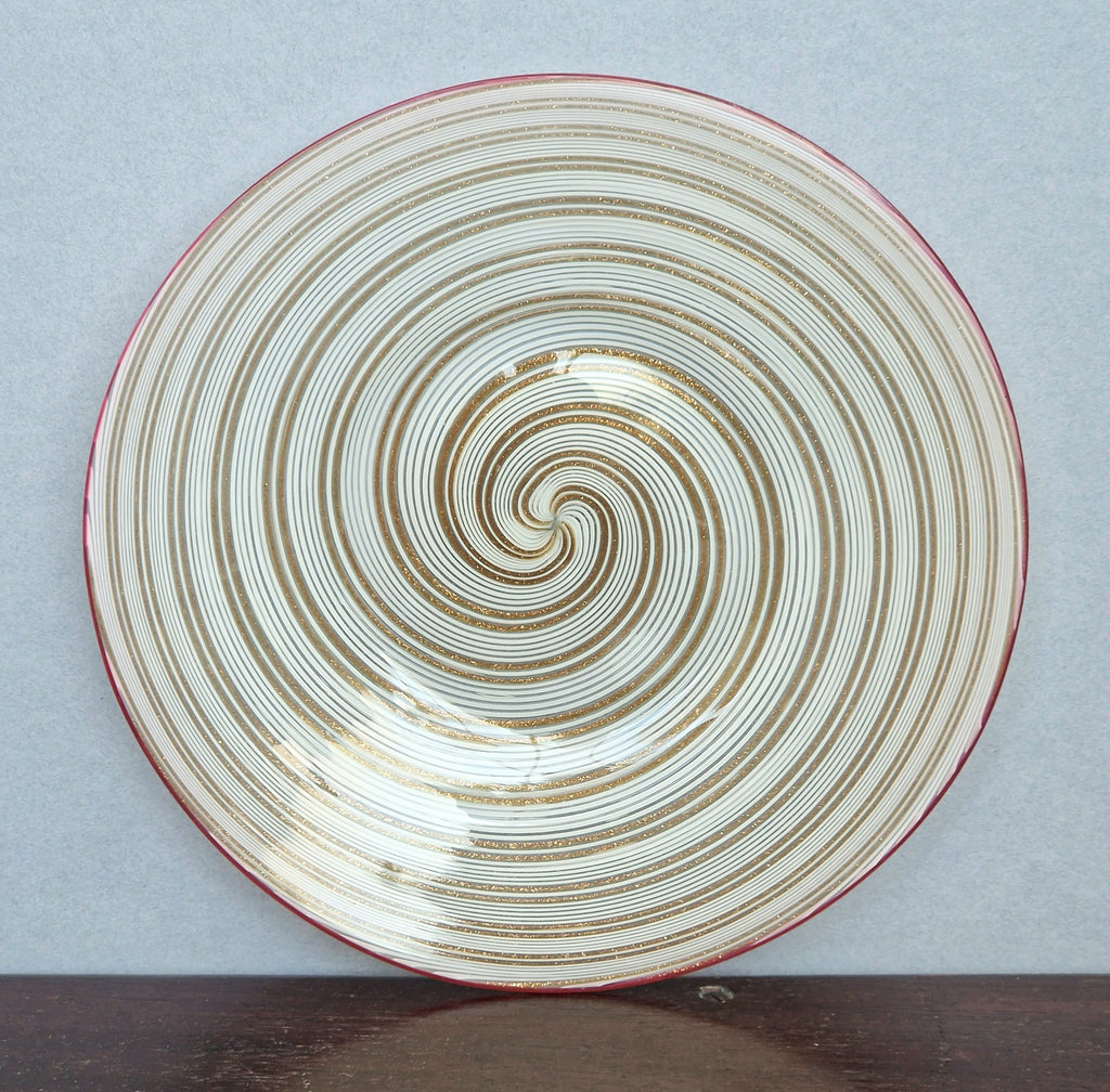Antique Salviati Murano Glass Plate, Mezza Filigrana, Copper Aventurine, Red Rim, Venetian, c.1860–1872, 17.8cm, Rare Collectable