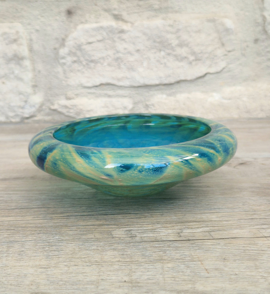 Mdina Glass Green Whirlpool Bowl Vintage 1970s Michael Harris Art Glass Malta