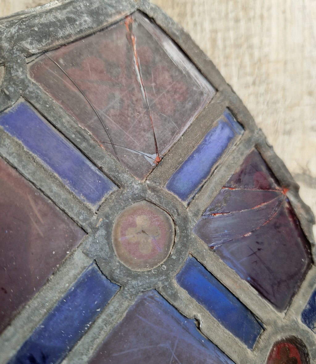 Rare Antique Early 19th Century French Gothic Revival Stained Glass Roundel Panel - Medieval Style Diaper Pattern