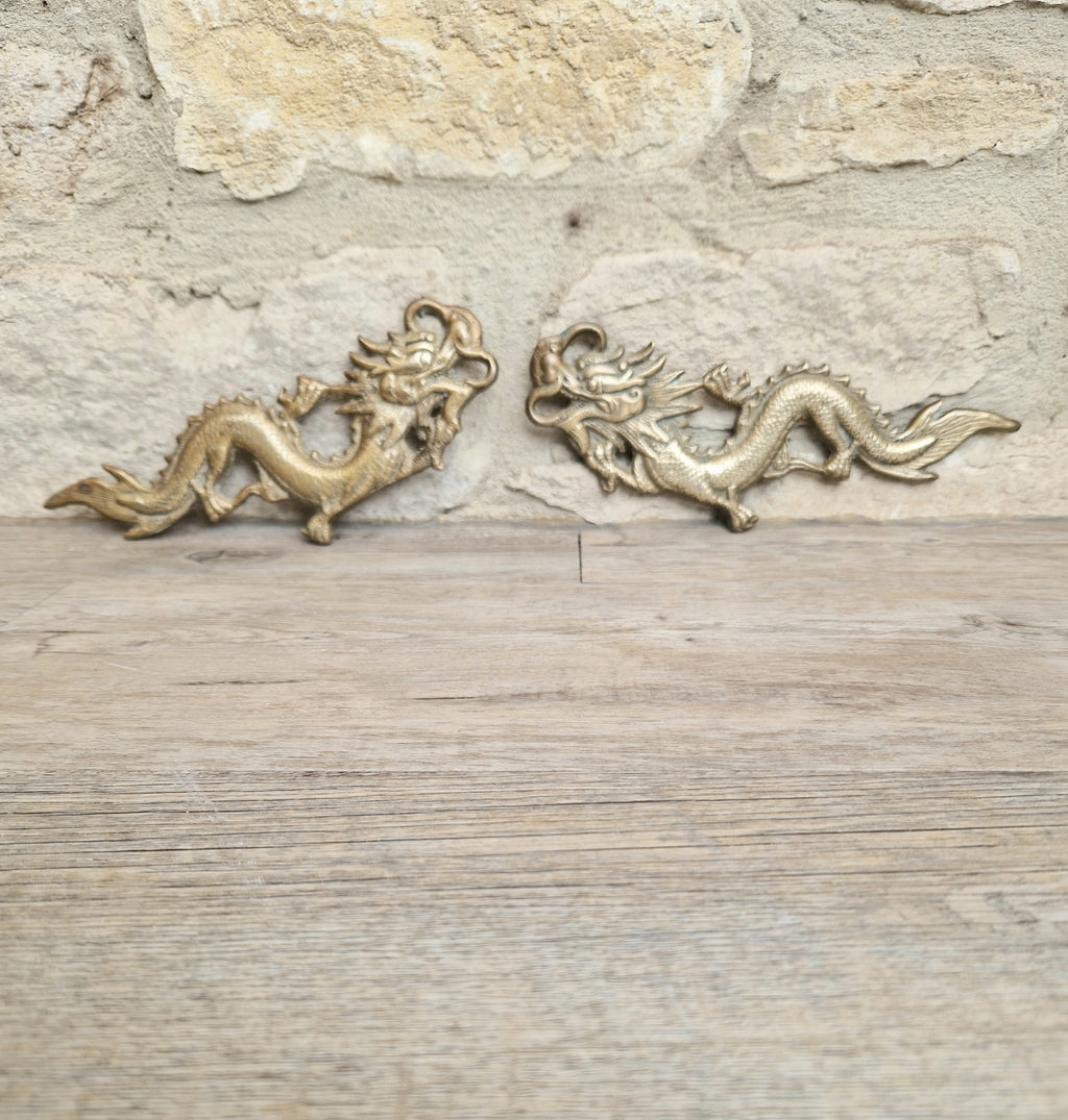 Pair Of Antique Heavy Cast Brass Chinese Dragons Wall Decoration or Door Pulls 22cm