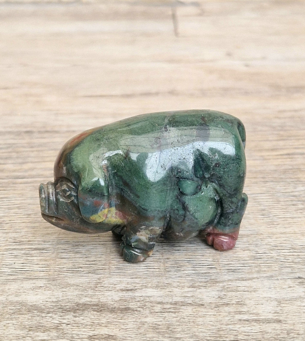 Vintage Fine Carved Moss Agate Standing Pig Figure Ornament 6.3cm