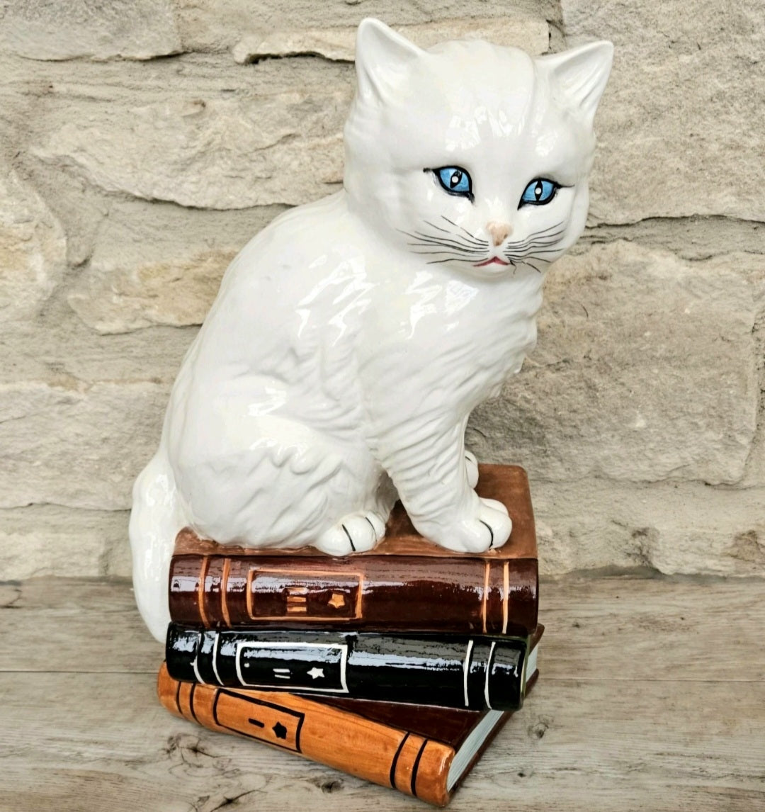 Vintage Italian White Cat Figurine Ornament Sitting on Books Ceramic Figure 11.5 lnch Tall