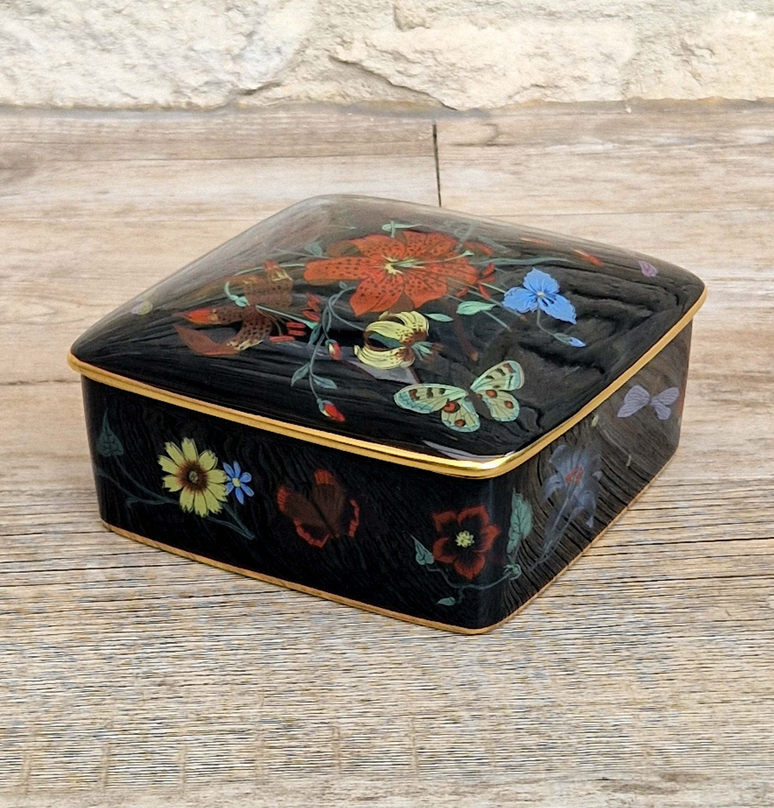Vintage 1970's Bernardaud Gucci Limoges Porcelain Box in "Flora Noir" Print By The Artist Vittorio Accornero. Very Rare. Mint Condition.