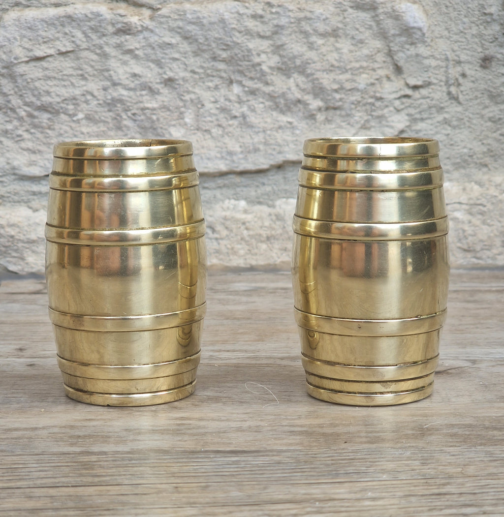 Pair of Vintage Brass Bound Barrel Table Match Holders Desk Pen Holders