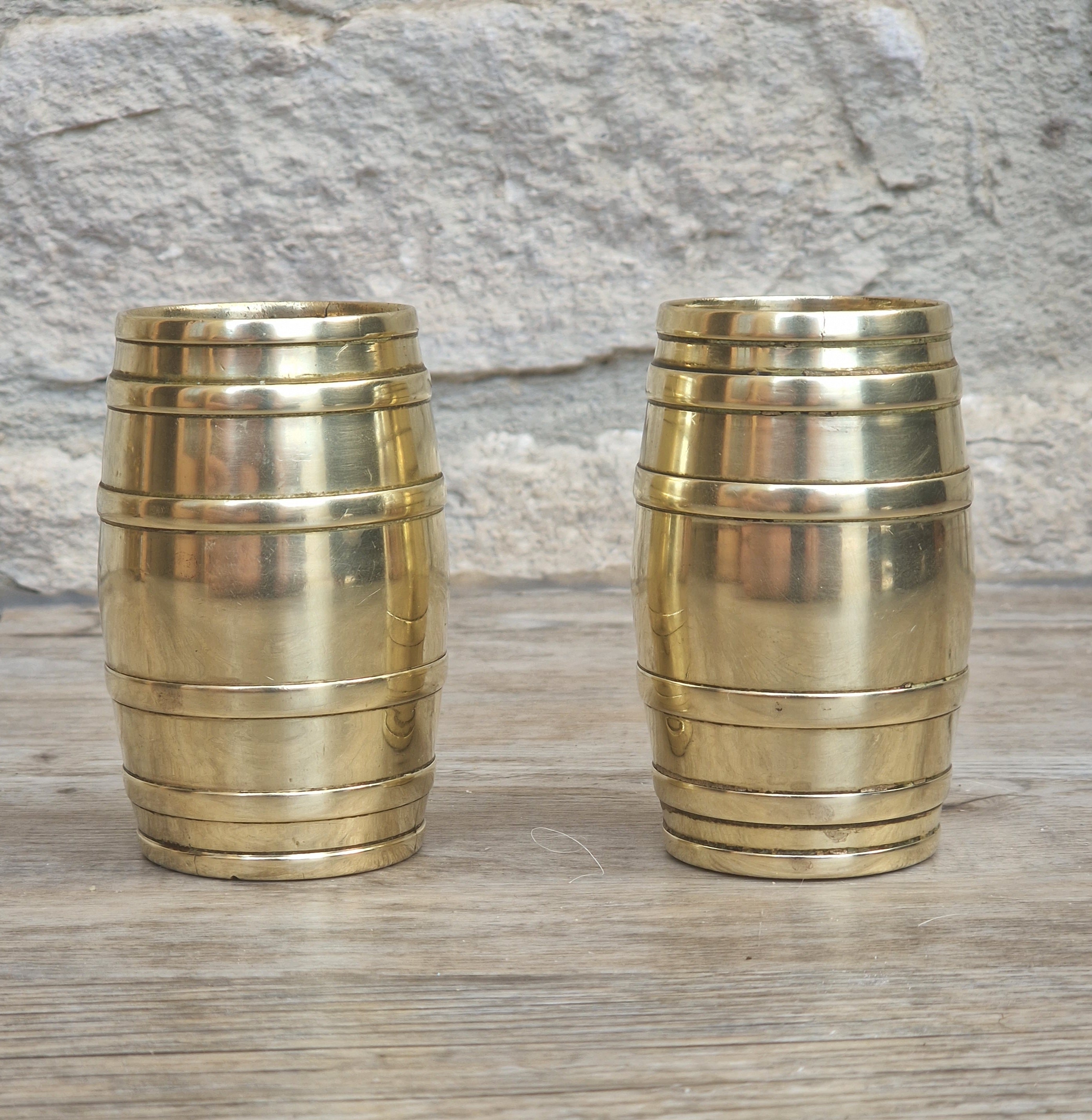 Pair of Vintage Brass Bound Barrel Table Match Holders Desk Pen Holders