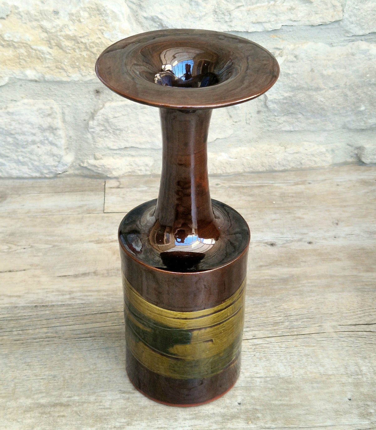 Vintage 1970s Studio Pottery Chalice Vase 32.5cm Terracotta Mid Century Modern Art Glaze