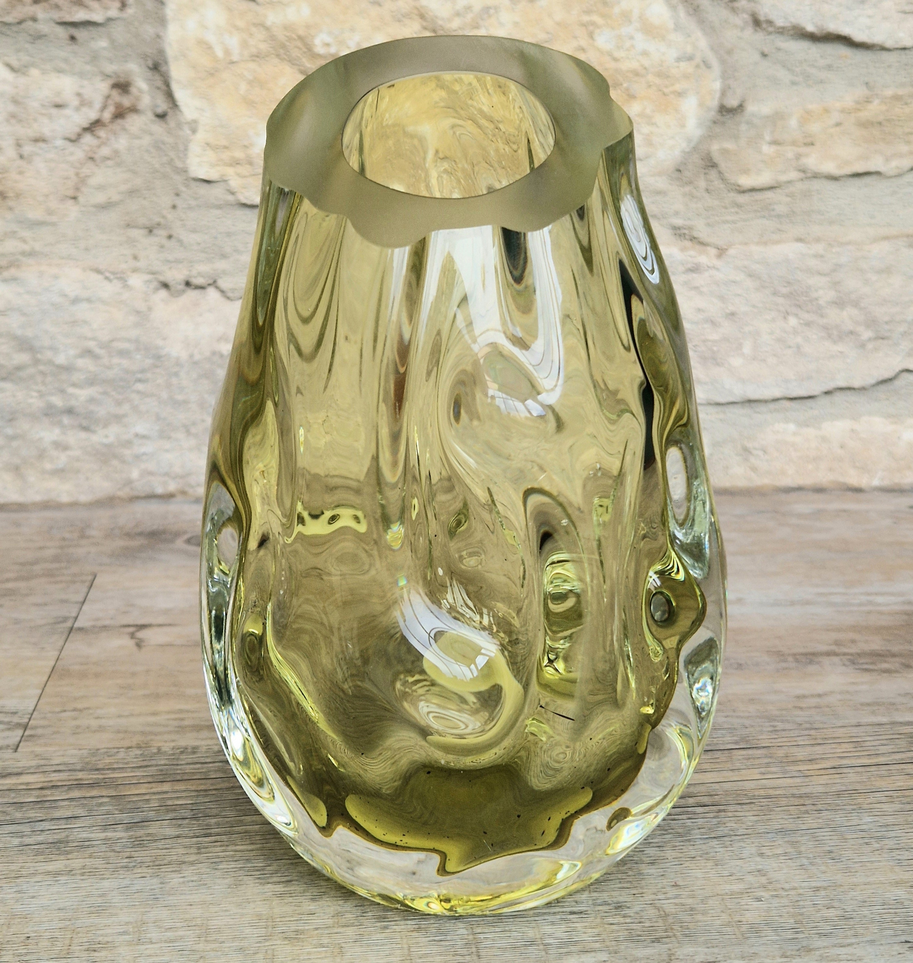 Murano Burri Glass Asymetrical Vase Light Olive Green Heavy Textured Vintage