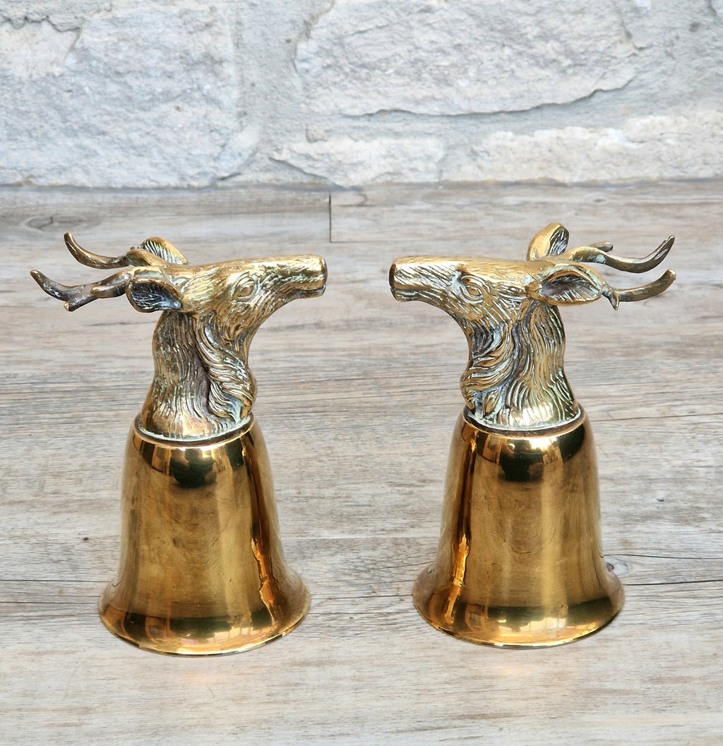 Pair Vintage Brass Stag Stirrup Cups Silver Plated Interiors Naturally Patinated Hunting Barware 1970s