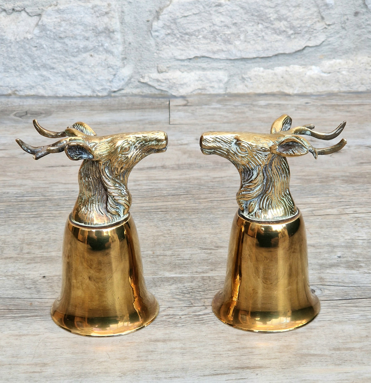 Pair Vintage Brass Stag Stirrup Cups Silver Plated Interiors Naturally Patinated Hunting Barware 1970s