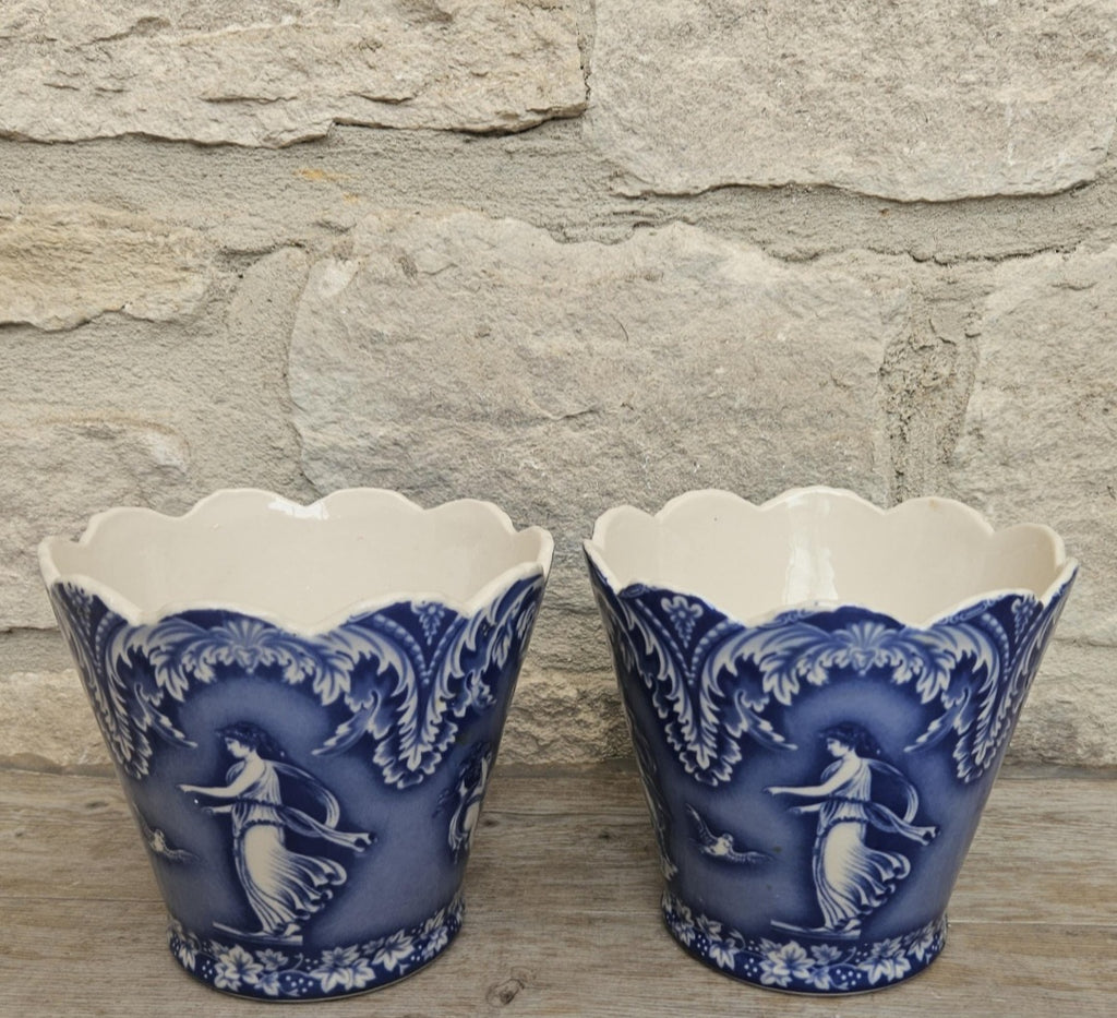 Vintage Pair Cache Pots Planters Blue & White Neoclassical Scalloped Edge Staffordshire Pottery England