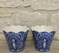 Vintage Pair Cache Pots Planters Blue & White Neoclassical Scalloped Edge Staffordshire Pottery England