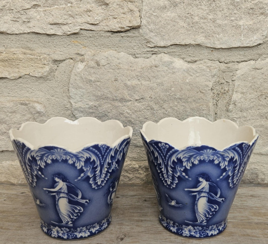 Vintage Pair Cache Pots Planters Blue & White Neoclassical Scalloped Edge Staffordshire Pottery England