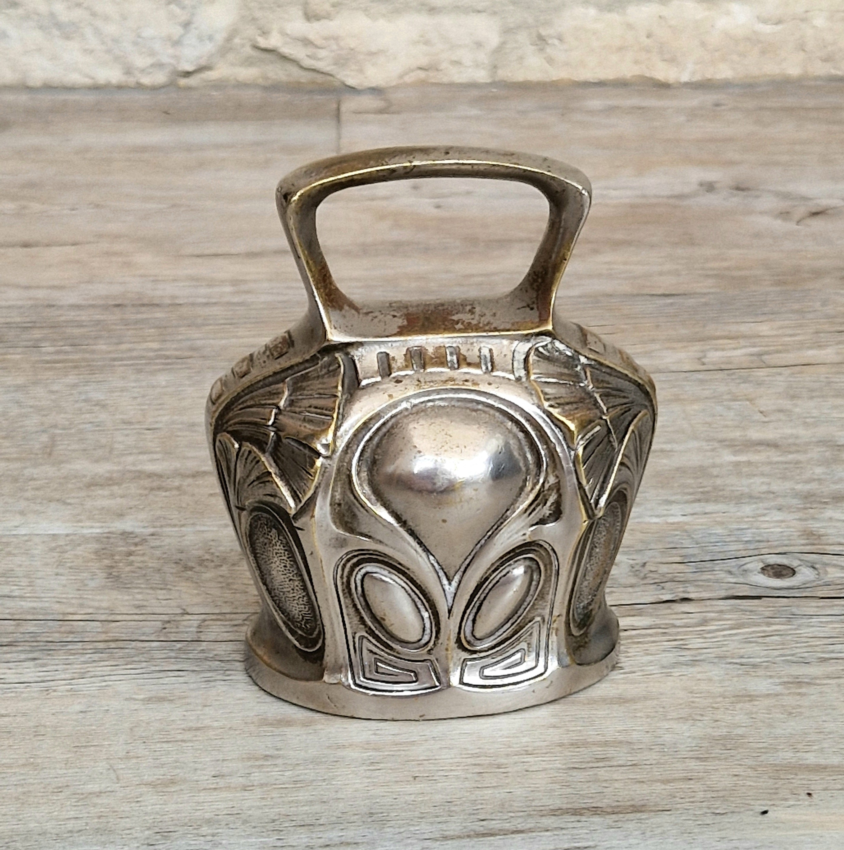 Antique Art Nouveau Silvered Bronze Large Ornate Decorated Table Bell