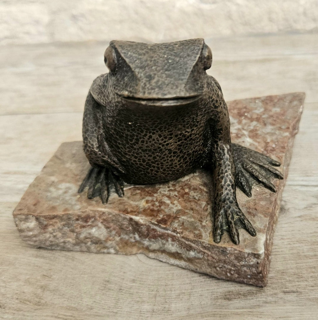 Vintage Metal Toad Figure On Granite Stone Plinth