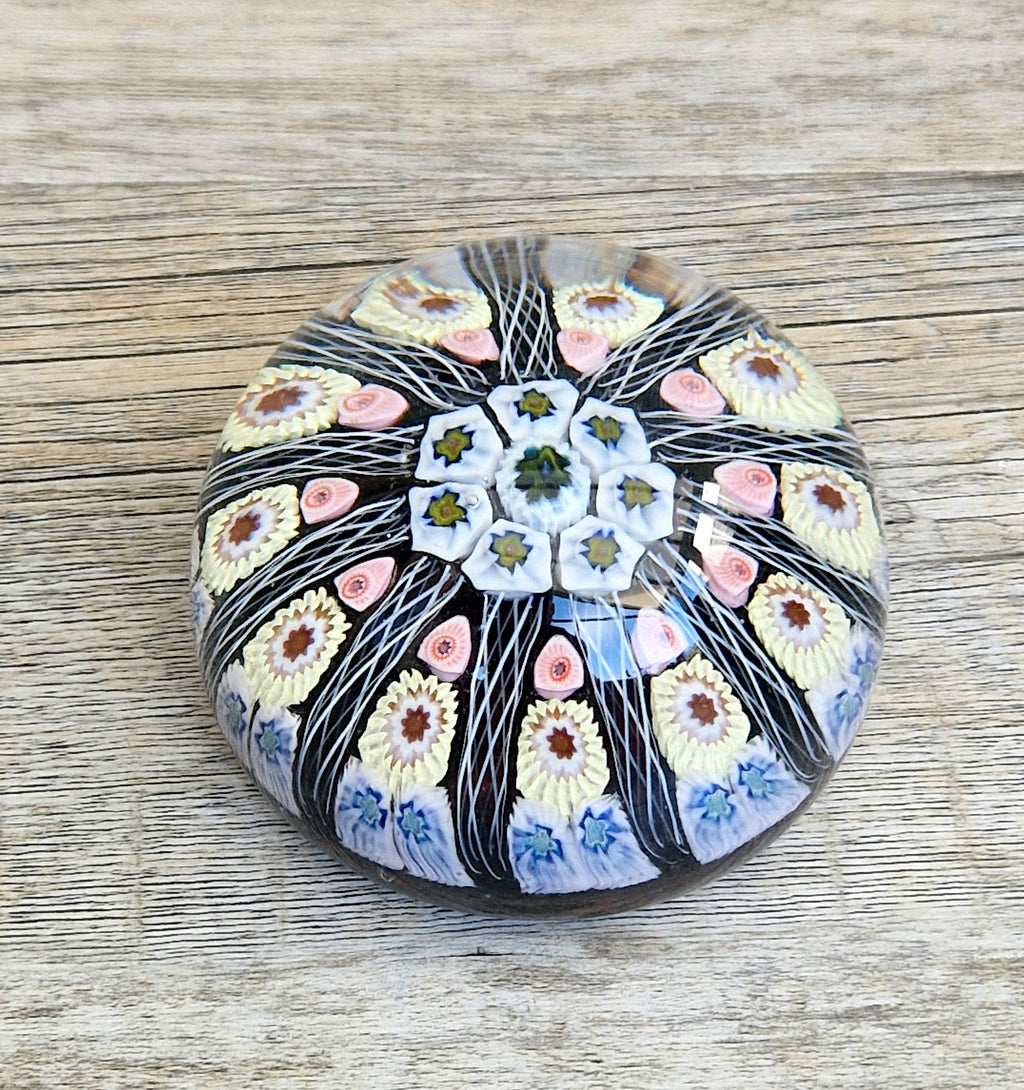 Strathearn Art Glass Paperweight 11 Spoke Millefiori with Filligree on Purple Ground Vintage