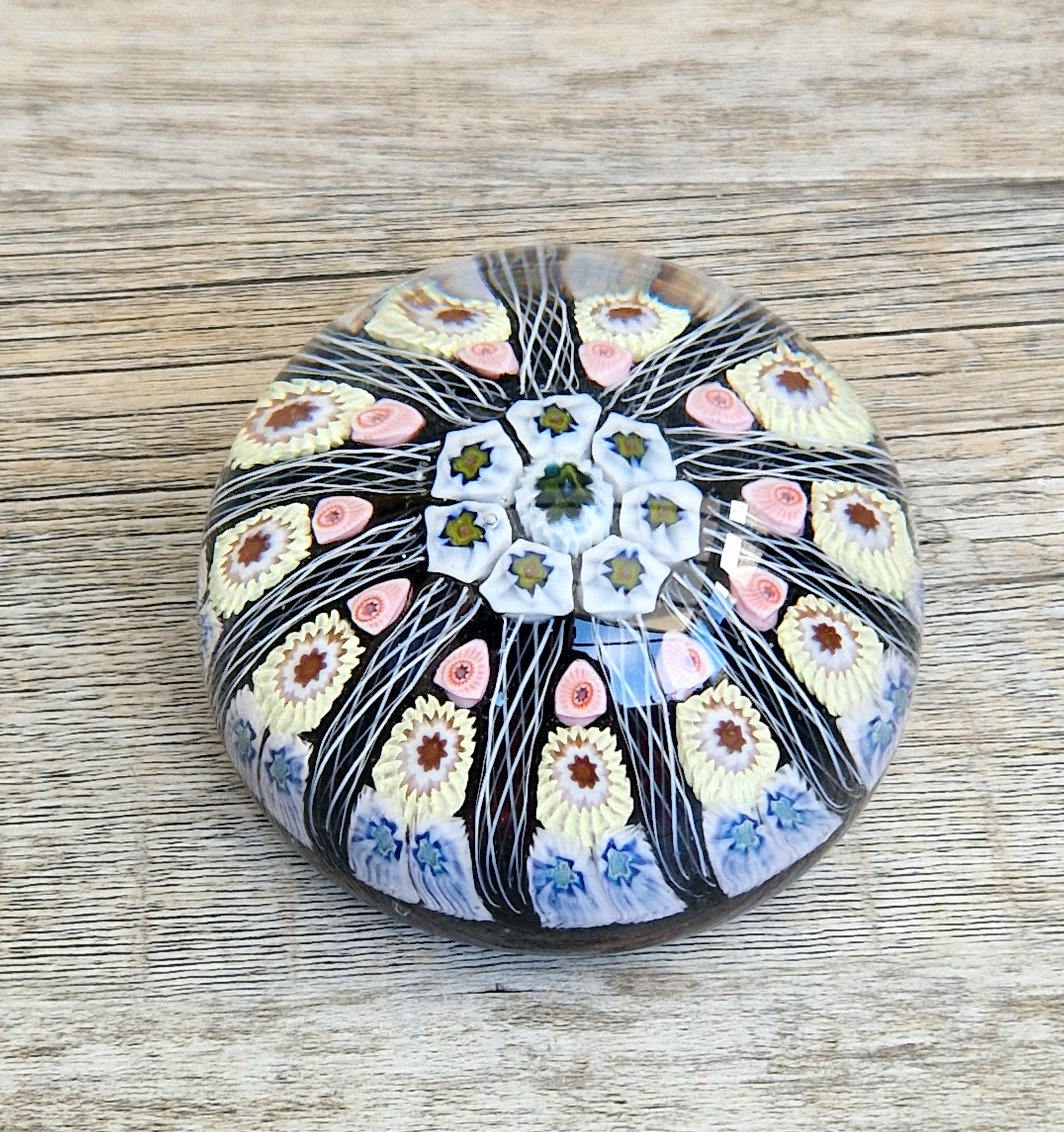 Strathearn Art Glass Paperweight 11 Spoke Millefiori with Filligree on Purple Ground Vintage