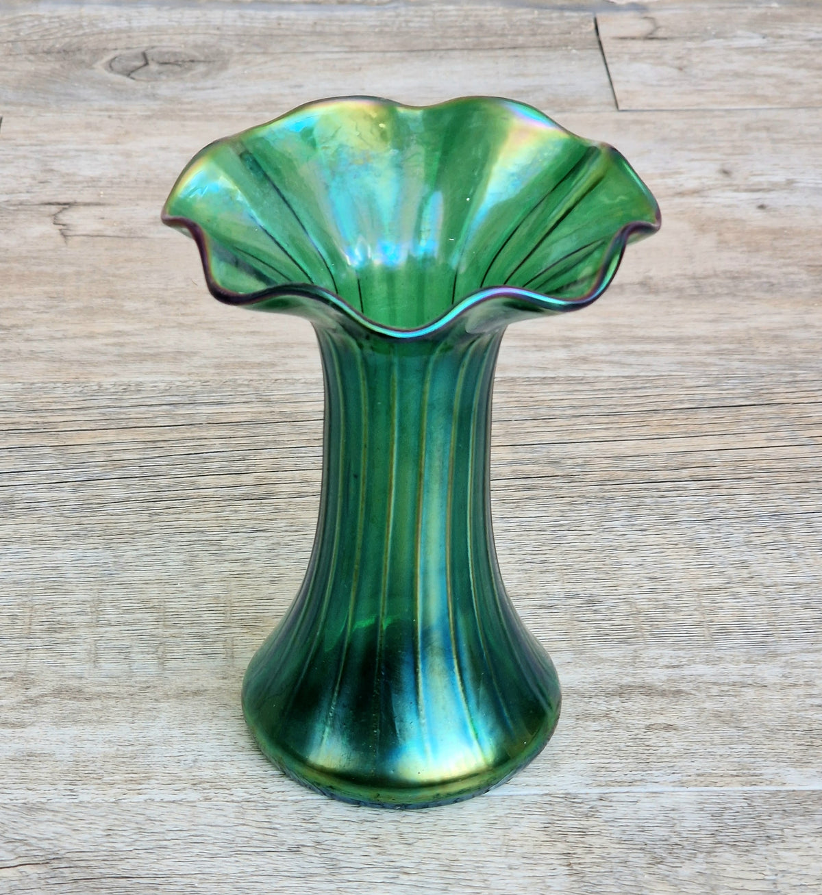 Antique Loetz Art Nouveau Creta Glatt Iridescent Green Glass Fluted Vase Polished Pontil c1900