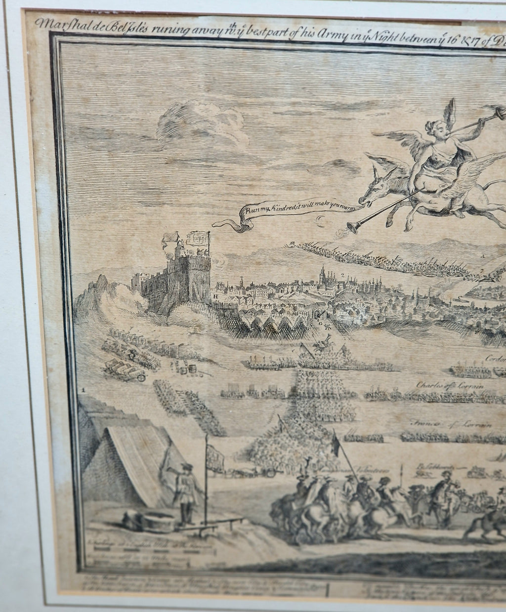 1742 Prague Siege Antique Copperplate Engraving John Bickham Military Battle Map Satire Print Framed