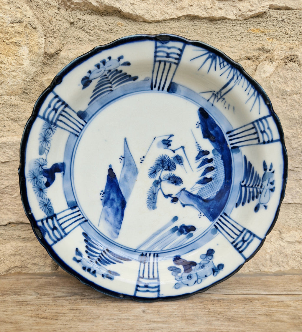 Japanese Ceramic Namasu-Zara Dish Blue & White Arita Edo 'Scholar's Retreat' Kraak Style Rare Antique