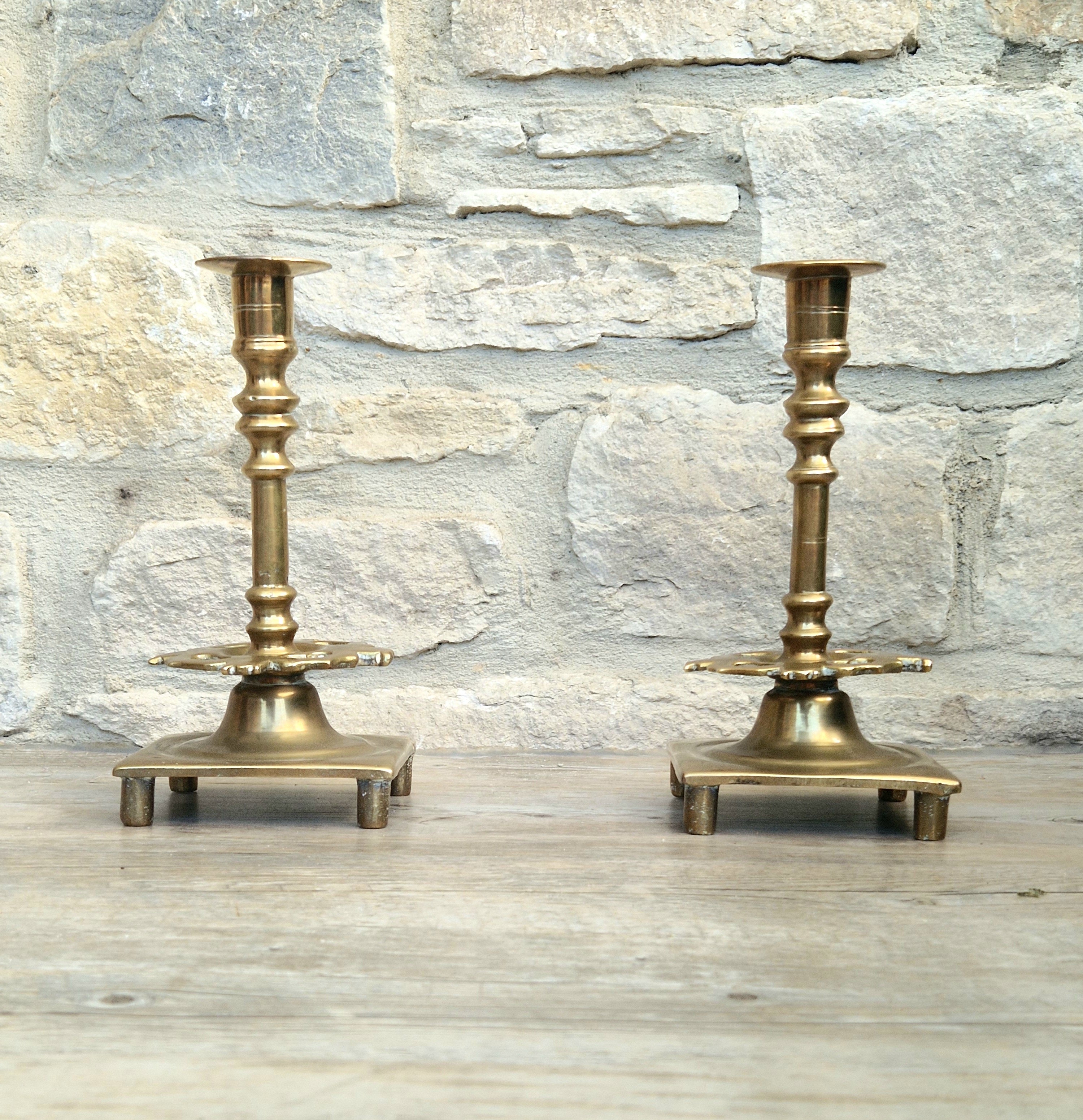 18th Century Solid Turned Brass Russian Sabbat Candle Holder Sticks Very Rare