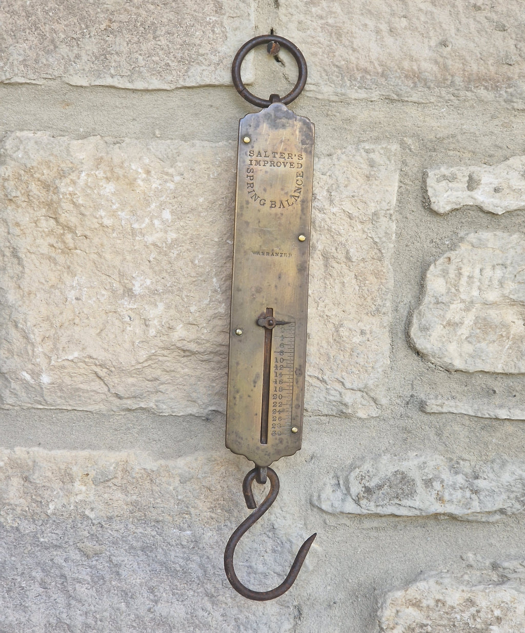 Antique Salter Improved Brass Spring Balance Scale Hanging Pocket Scales 32.5cm Working