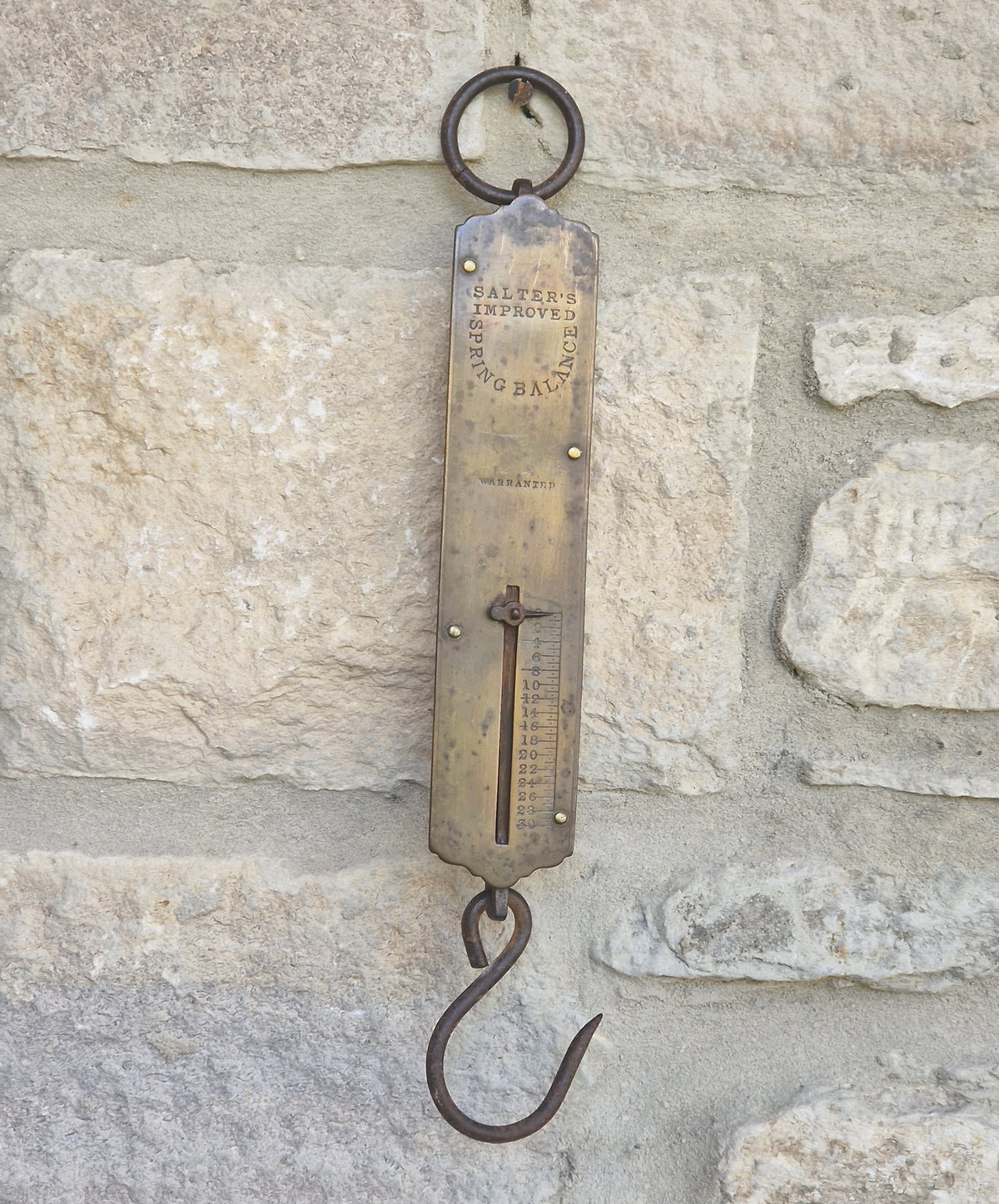 Antique Salter Improved Brass Spring Balance Scale Hanging Pocket Scales 32.5cm Working