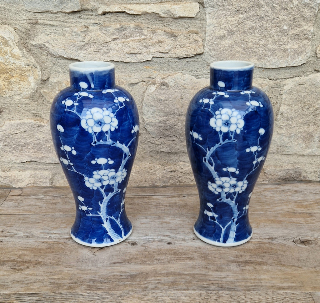 Pair Kangxi Style Blue & White Prunus Baluster Garniture Vases