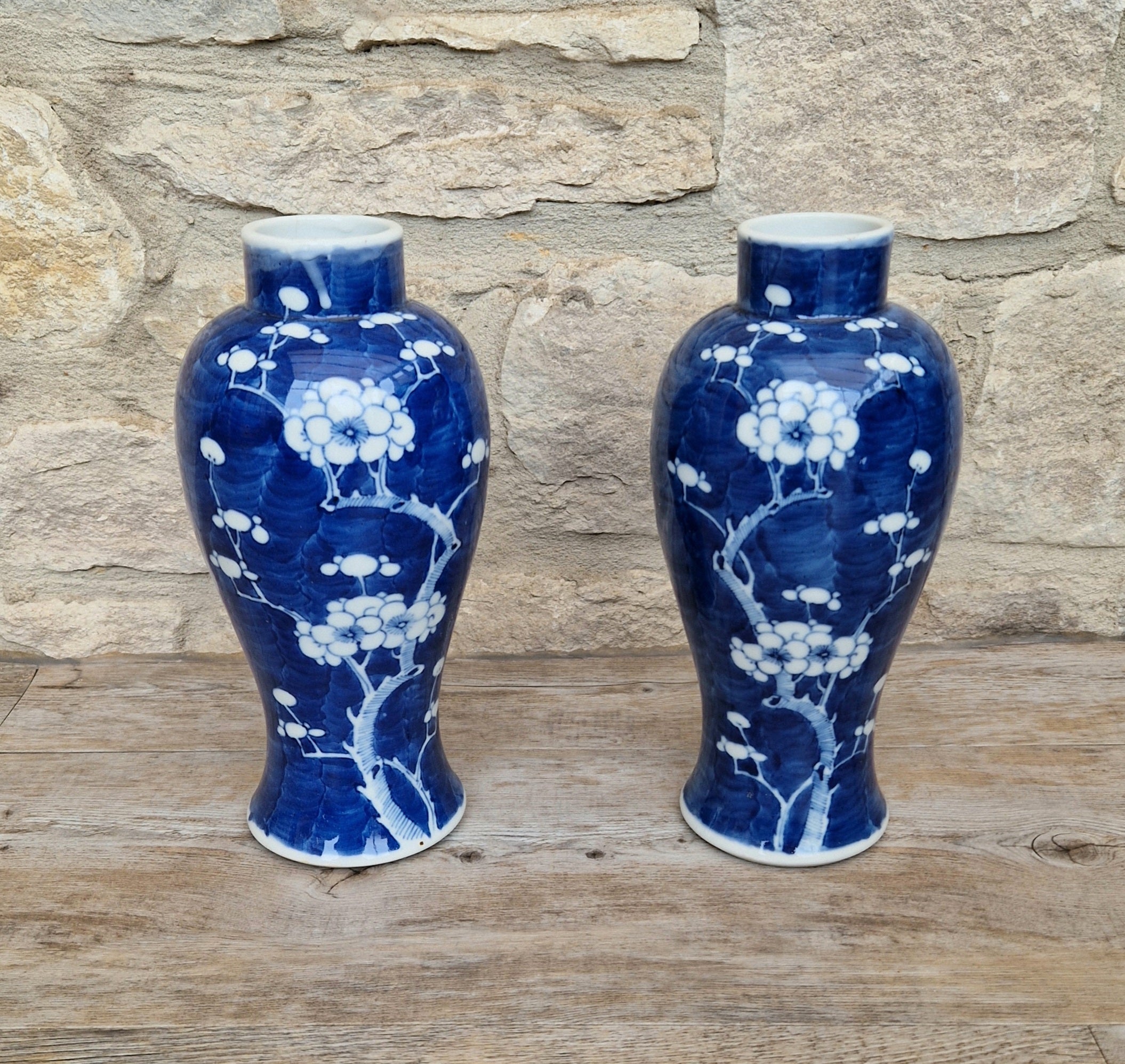 Pair Kangxi Style Blue & White Prunus Baluster Garniture Vases