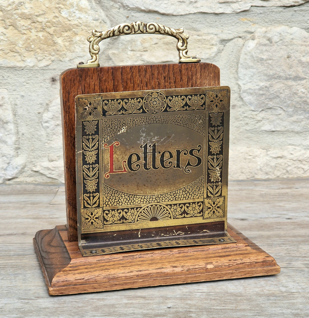 Antique Arts & Crafts Brass And Quarter Sawn Oak Gentleman's Handled Double Letter Rack Stand