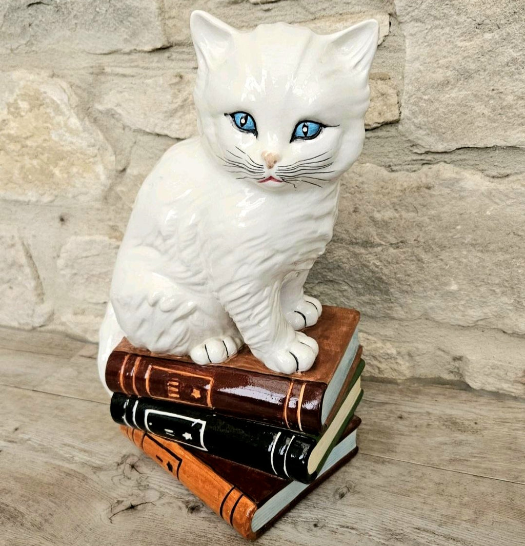 Vintage Italian White Cat Figurine Ornament Sitting on Books Ceramic Figure 11.5 lnch Tall