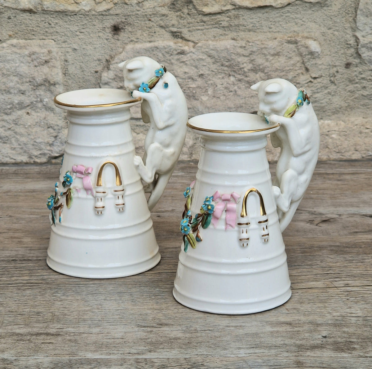 Antique Copeland Porcelain Cat Cream Churn Vases Pair Floral Applied Flowers Gilt 19th Century
