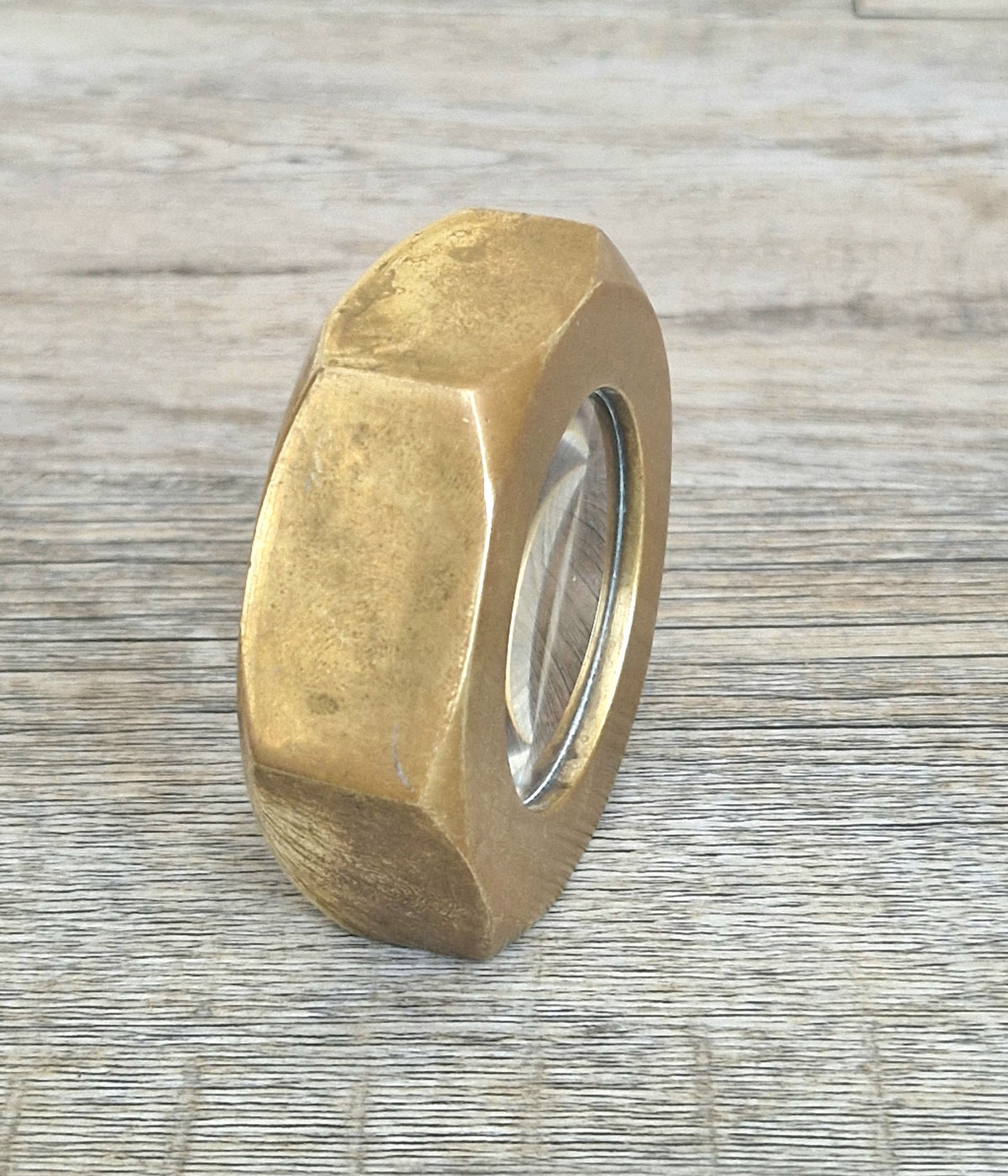 Carl Auböck Brass Hexagon Nut Magnifier Paperweight, Vintage Austria Werkstätte 1950s Desk Accessory, Model 5071 Authentic
