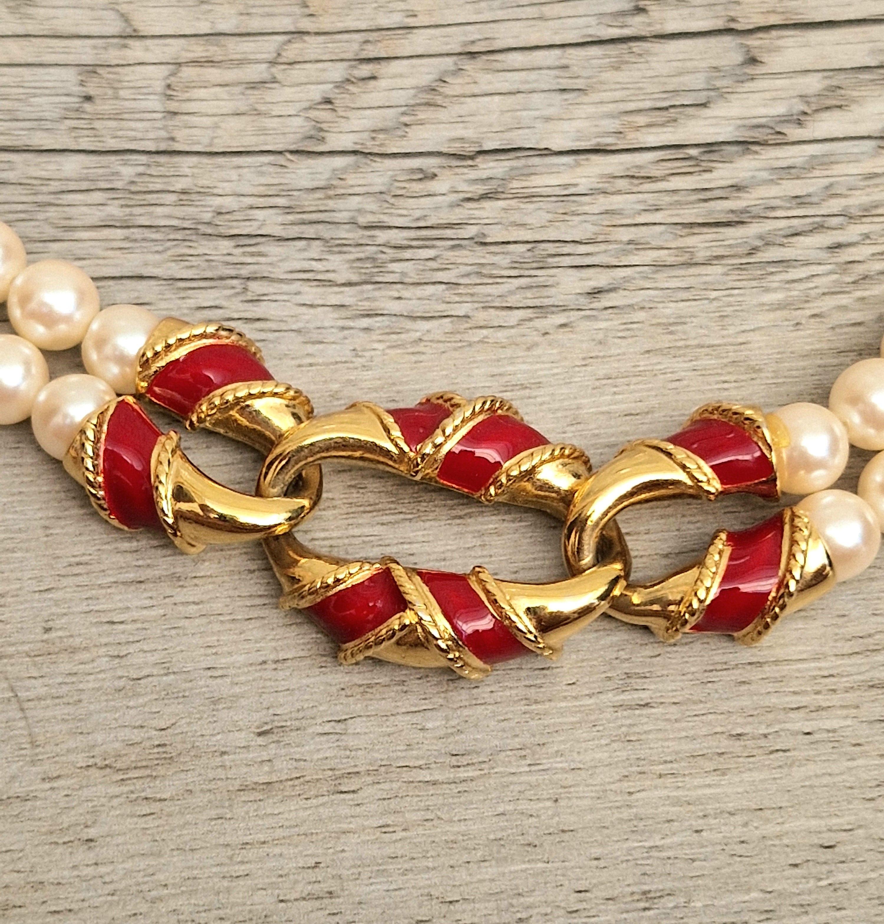 Vintage Double Strand Faux Pearl Necklace with bold gold and red enamel Statement Embellished Richelieu 40cm