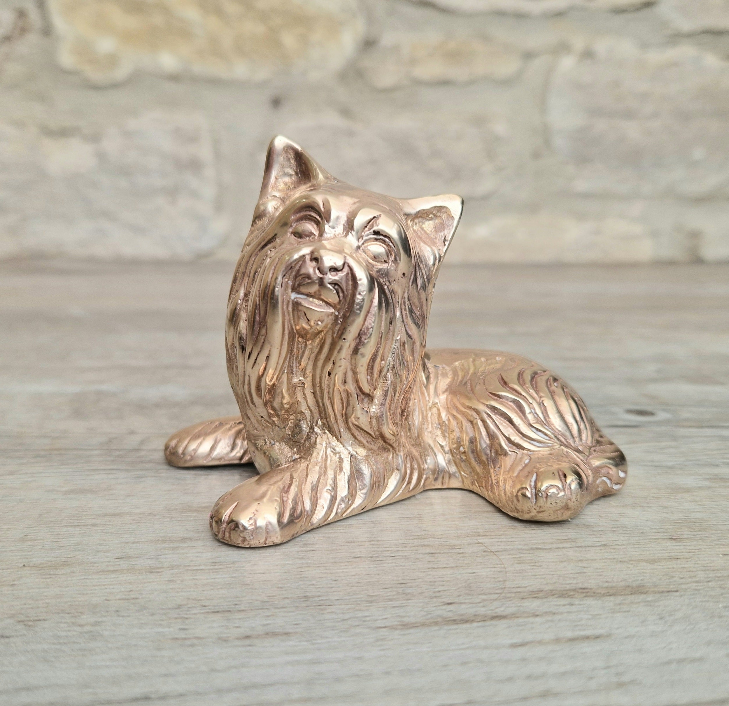 Vintage Solid Brass Yorkshire Terrier Figure Ornament 10cm