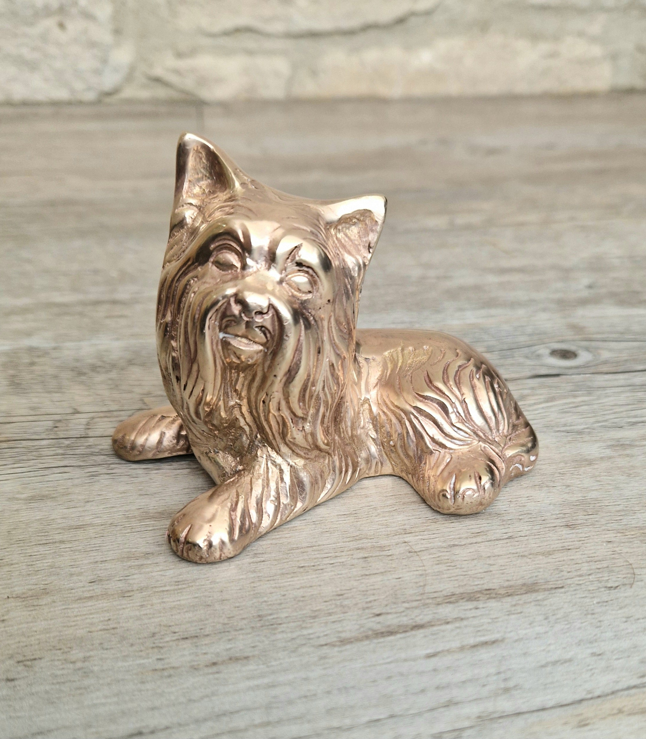 Vintage Solid Brass Yorkshire Terrier Figure Ornament 10cm