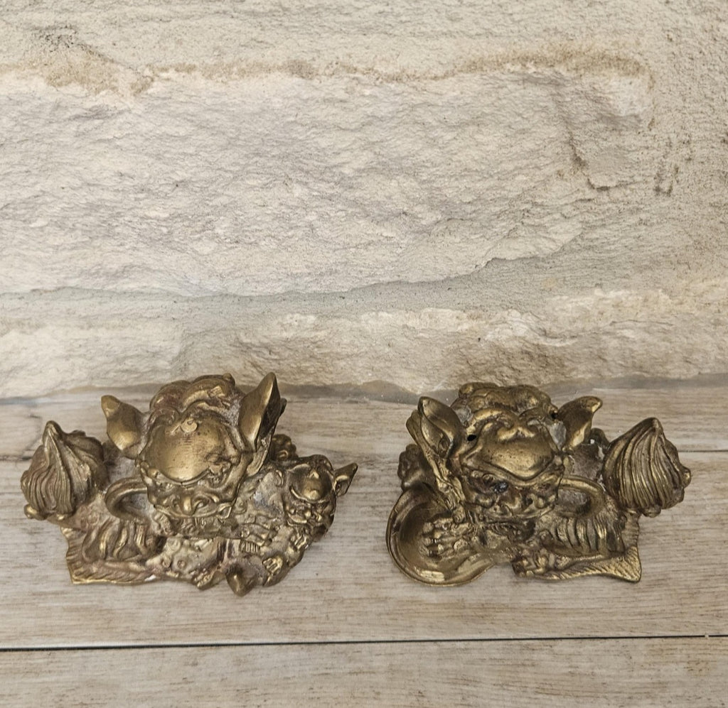 Vintage Small Chinese Pair Of Brass Male and Female Shi Shi Foo Dogs Figurines Statues