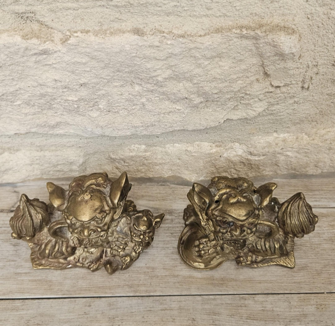 Vintage Small Chinese Pair Of Brass Male and Female Shi Shi Foo Dogs Figurines Statues