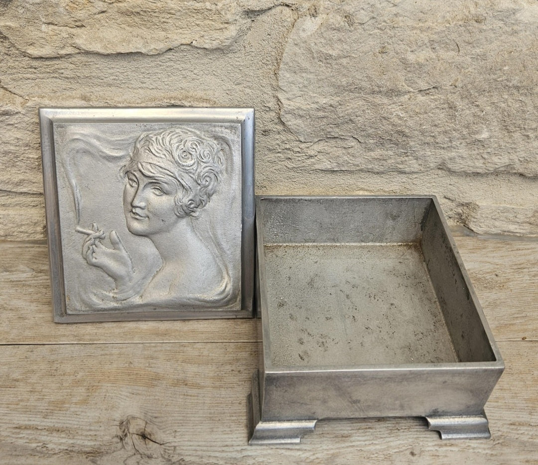 Art Nouveau Lady Aluminium Lidded Box Made in London England Stamped (1905-1924) 13.5cm Square X 6.5cm Tall Arts and Crafts Box