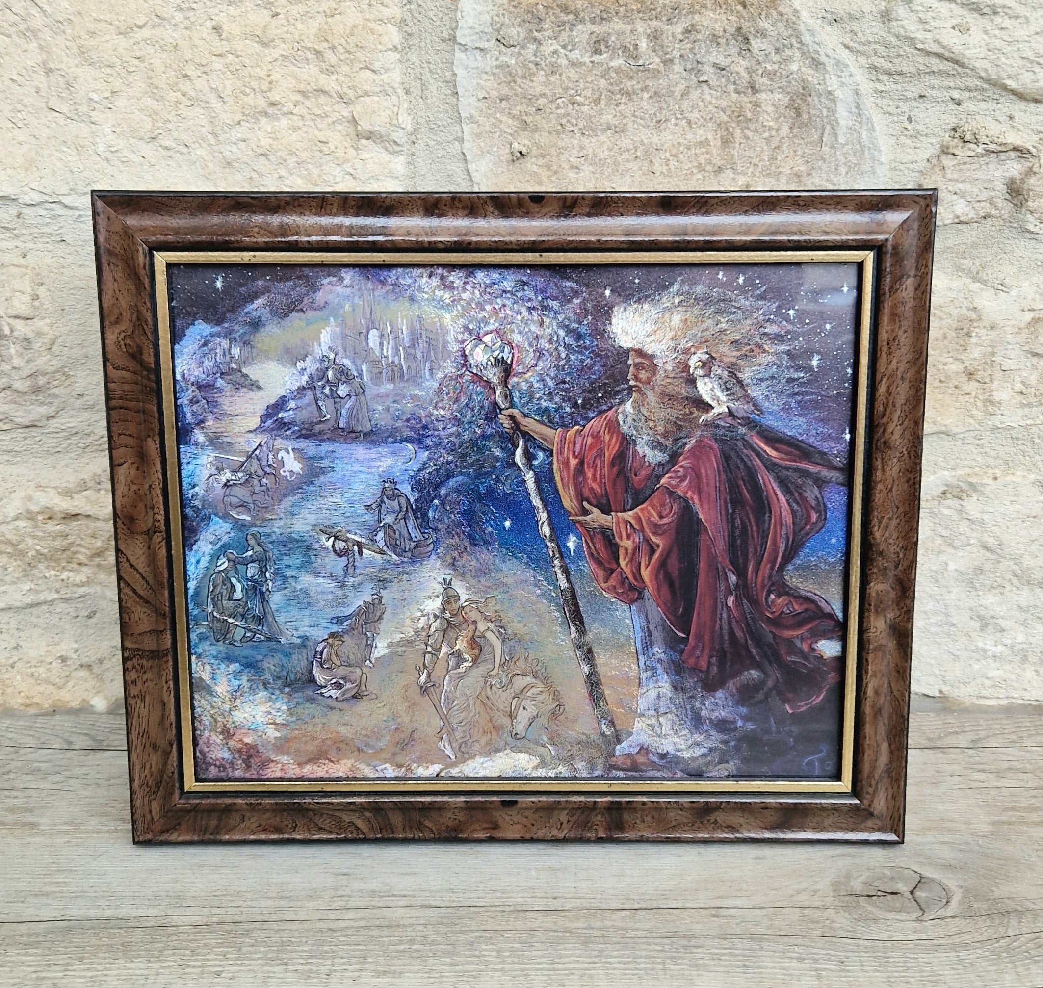 Vintage 1990s Foil Art Print Titled "Merlin's Quest" by Artist Josephine Wall Framed