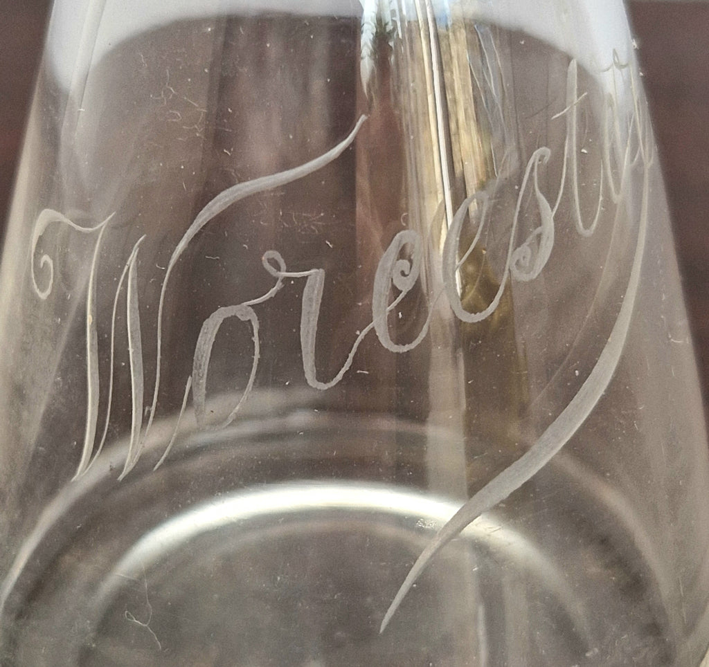 Antique Engraved Glass Worcester Condiment Bottle c.19th Century Fine Copper Wheel Engraving  Glass Stopper English