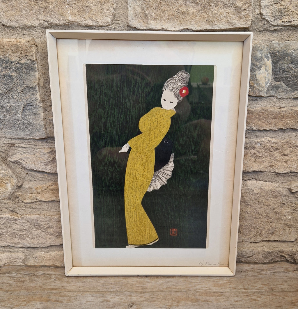 Vintage Kaoru Kawano Large Japanese Woodblock Print Camellia Yellow Kimono Mid-Century Framed