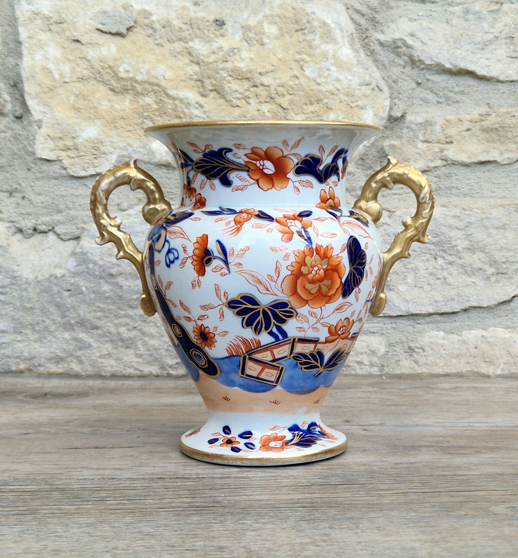 Early Mason's Ironstone China Vase Japan Fence Pattern, Gilt Handles 1820