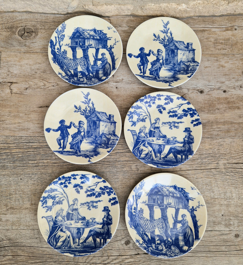 Set of Six Toile De Jouy Blue Salad or Dessert Plates Philippe Deshoulieres France. Boxed & Unused