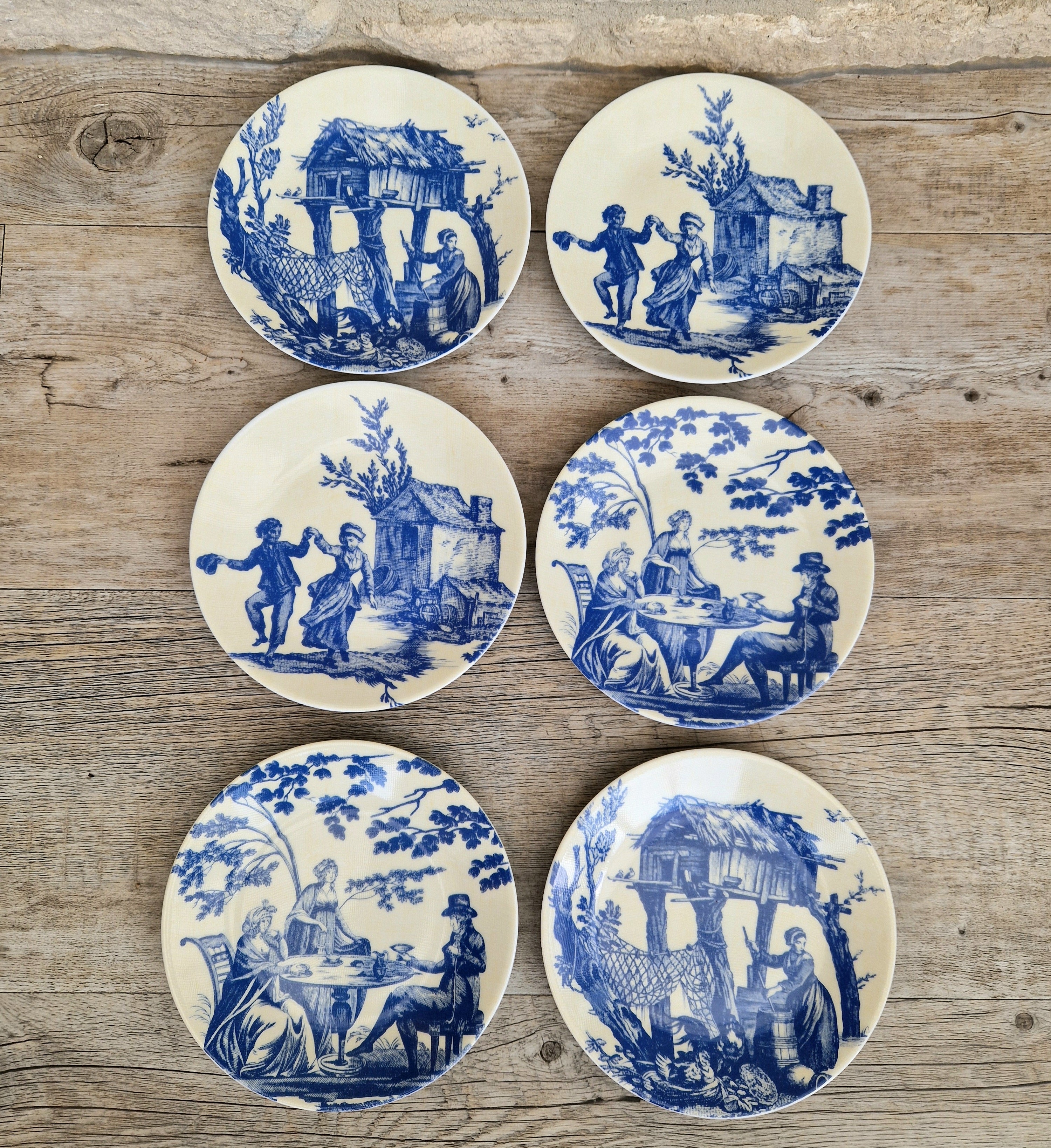 Set of Six Toile De Jouy Blue Salad or Dessert Plates Philippe Deshoulieres France. Boxed & Unused
