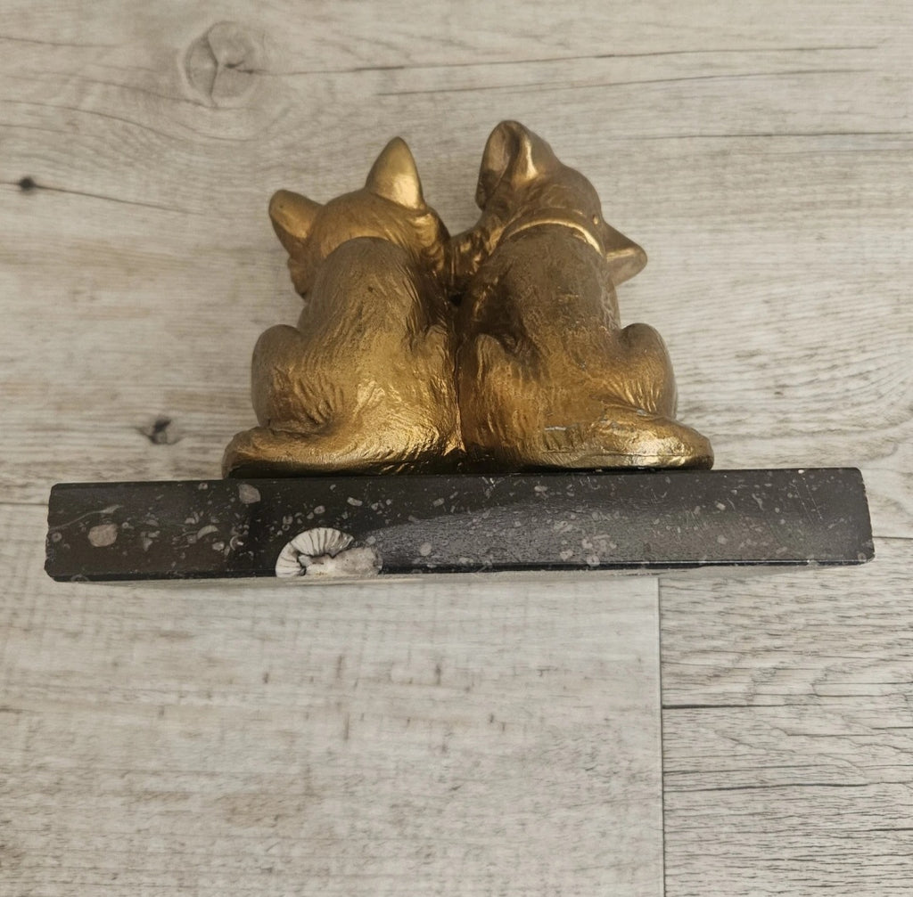 Antique Art Deco Spelter Cat and Dog Figurine on Black Marble Base 16cm X 8cm