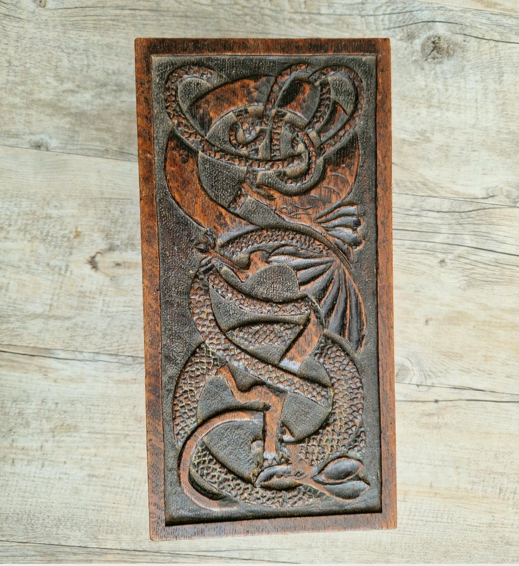 Antique Oak Dragon Foot Stool Carved Celtic Design, Rustic Foldable Furniture