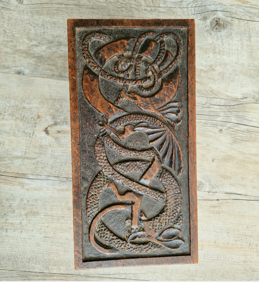 Antique Oak Dragon Foot Stool Carved Celtic Design, Rustic Foldable Furniture