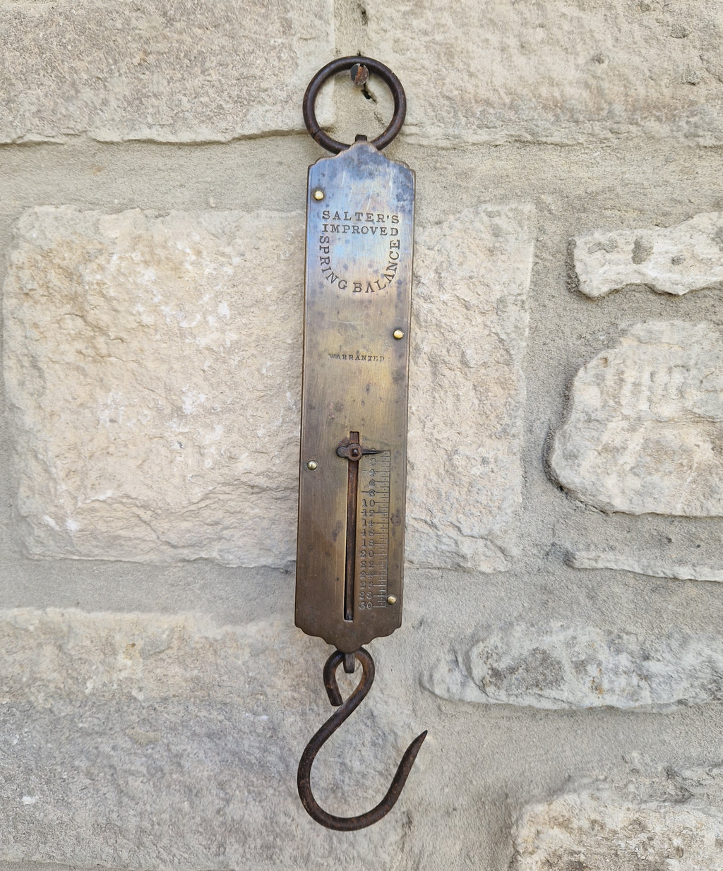 Antique Salter Improved Brass Spring Balance Scale Hanging Pocket Scales 32.5cm Working