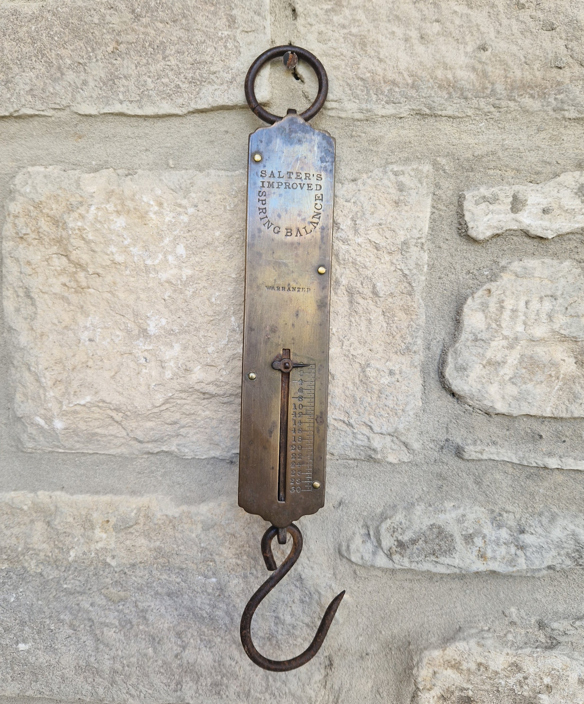 Antique Salter Improved Brass Spring Balance Scale Hanging Pocket Scales 32.5cm Working