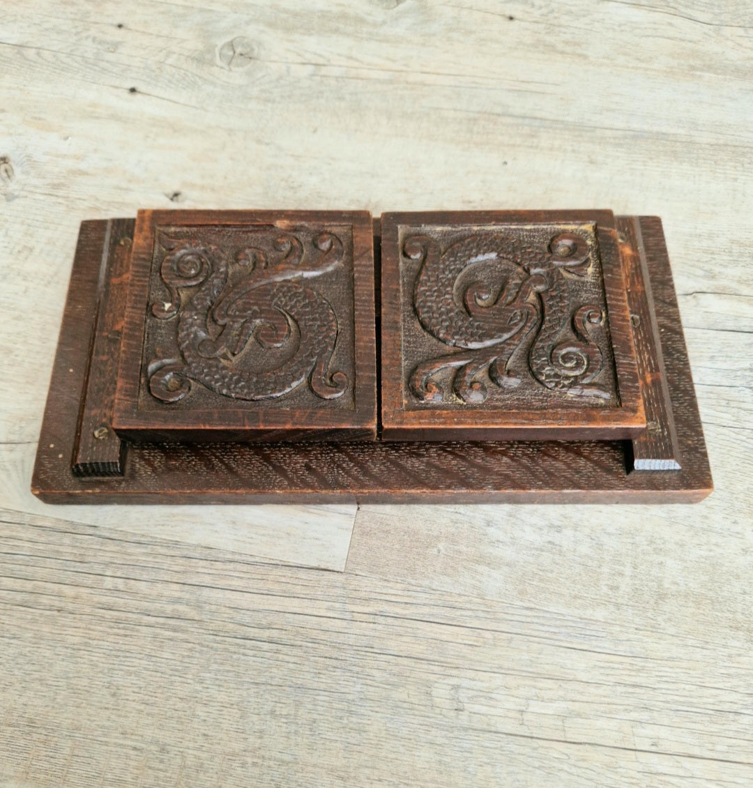 Antique Oak Dragon Foot Stool Carved Celtic Design, Rustic Foldable Furniture